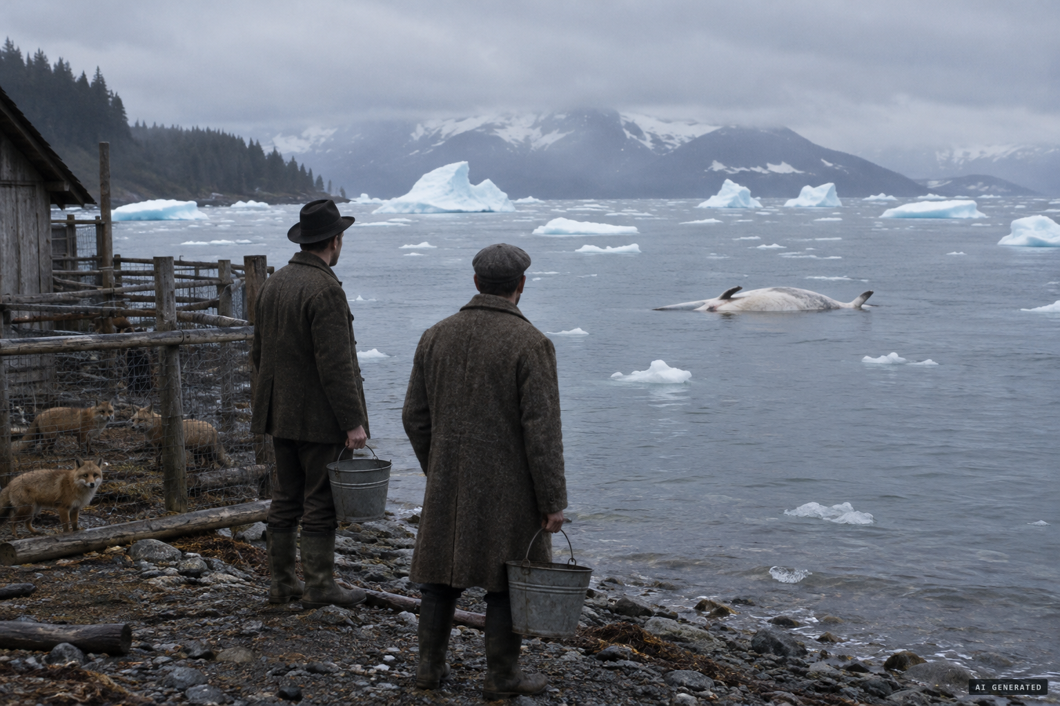 Feeding the foxes, the two men spot a carcass floating among the icebergs