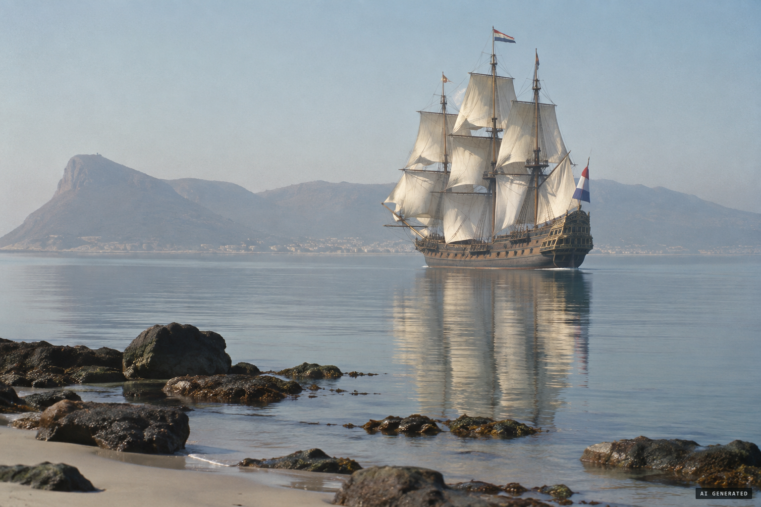 A fully rigged Dutch East Indiaman, sails drawing in a dead calm