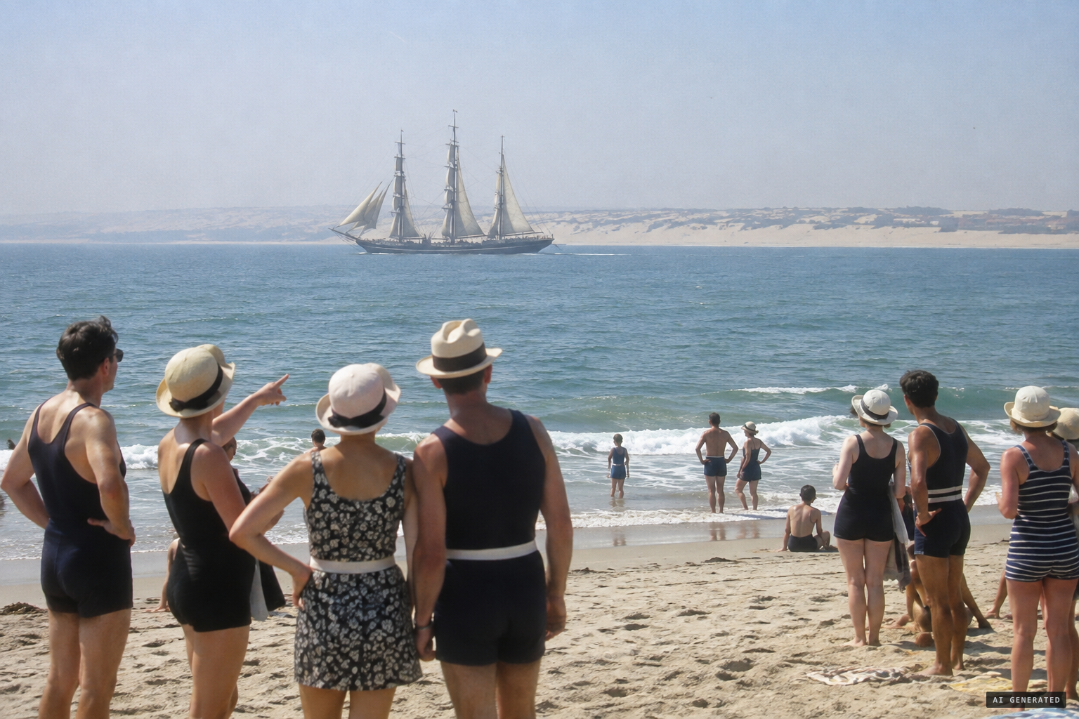 Beach folk discuss the vessel as it sails steadily on toward Strandfontein