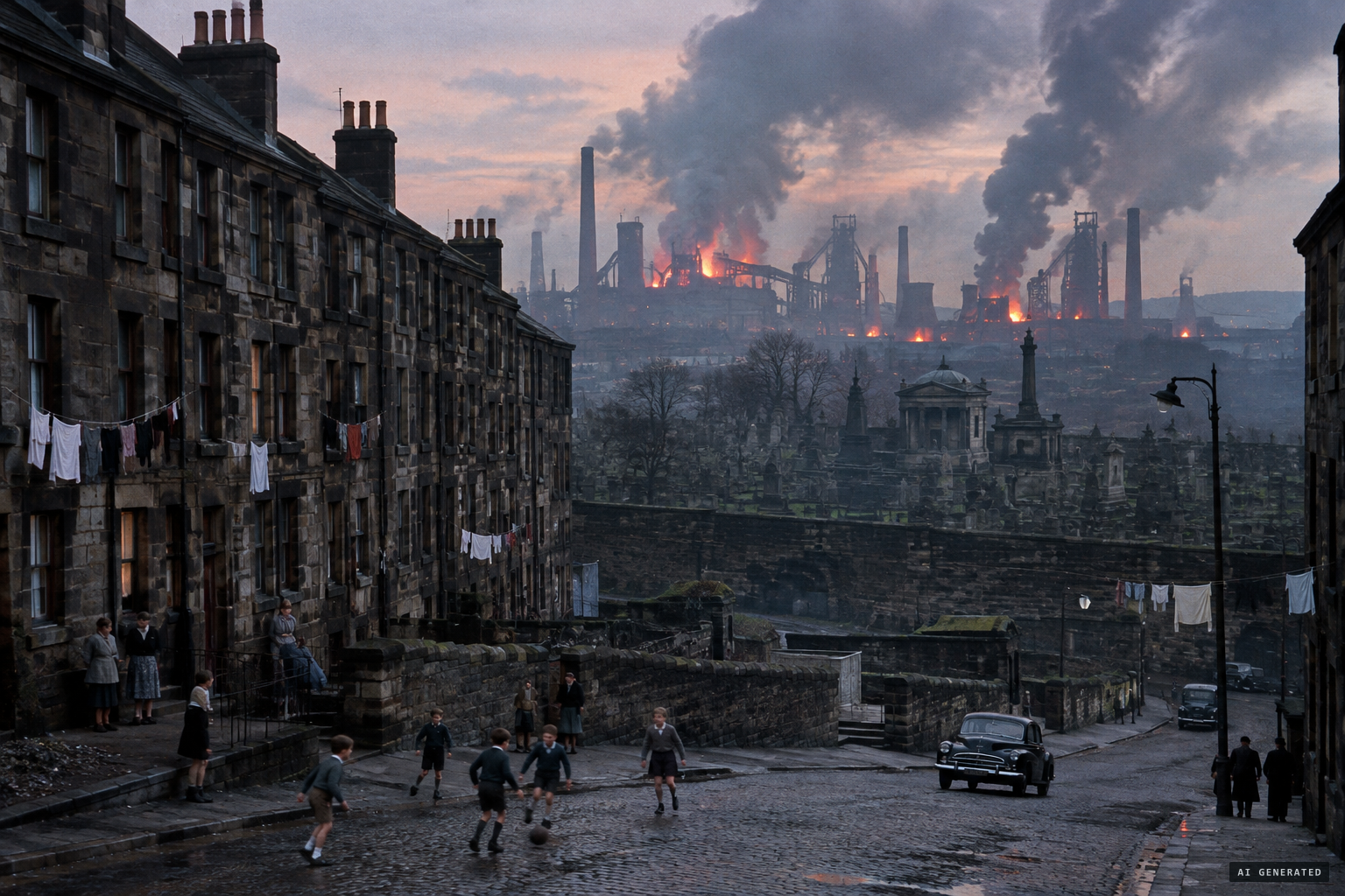 The Gorbals slums beside the Southern Necropolis, under the glow of Dixon's Blazes
