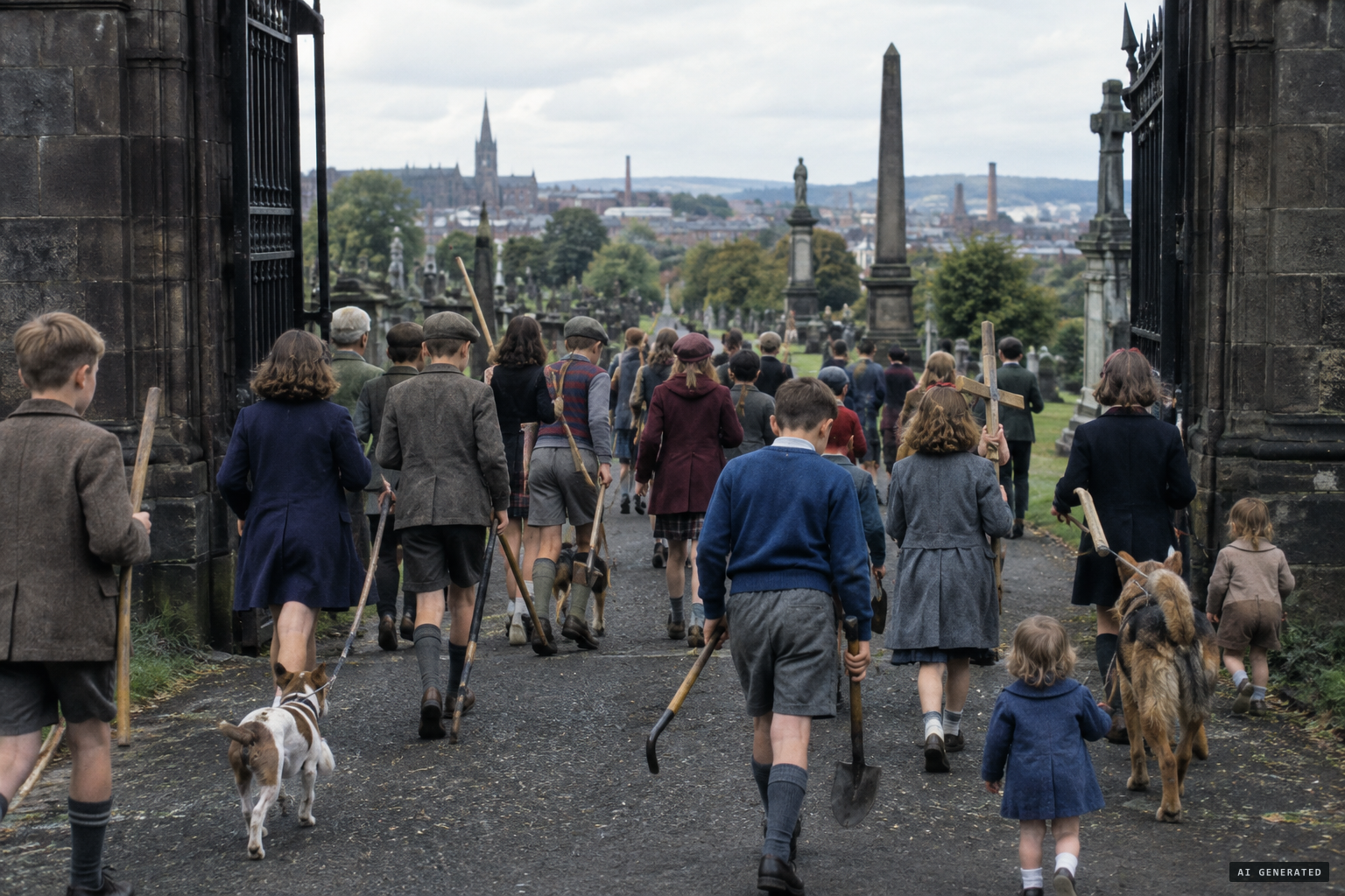 Children armed with stakes, knives and crucifixes march into the cemetery