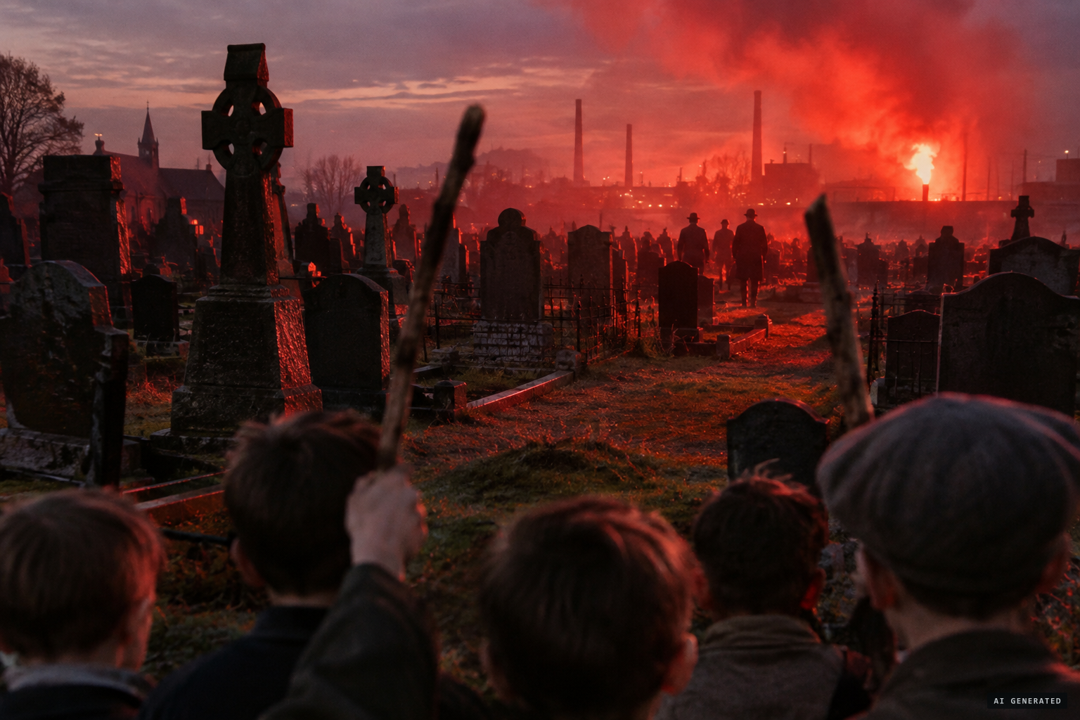 Gravestones leap in the red glow as figures walk at the back, lined in red light