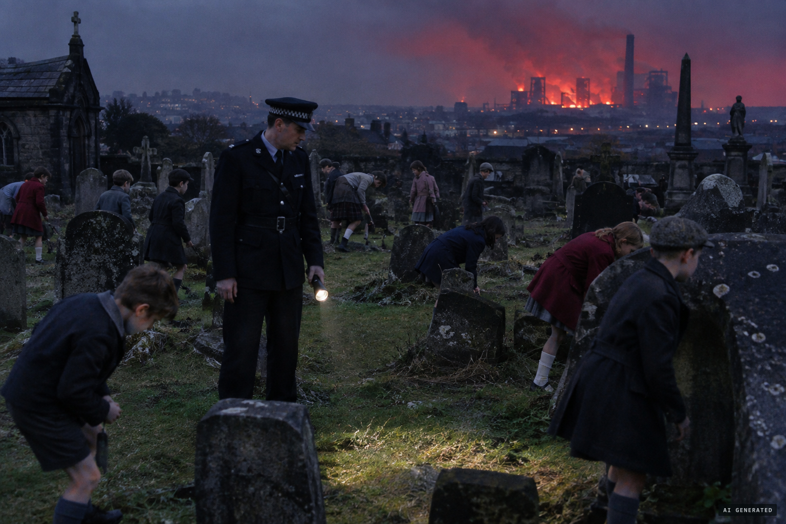 PC Alex Deeprose finds the children searching among the graves