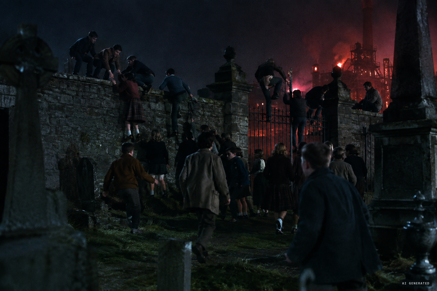 On the second night the gates are locked and a crowd climbs the walls