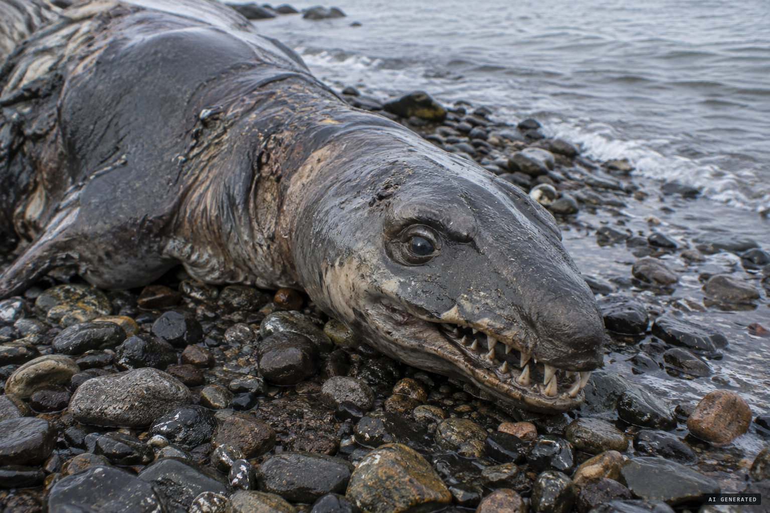A small flattened head, large side eyes and a single row of pointed teeth