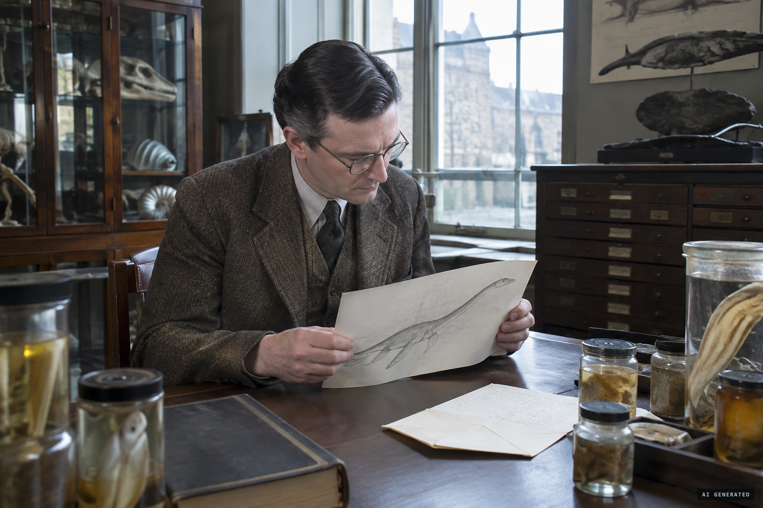 Dr Stephen examines Rankin's sketch and calls it a basking shark