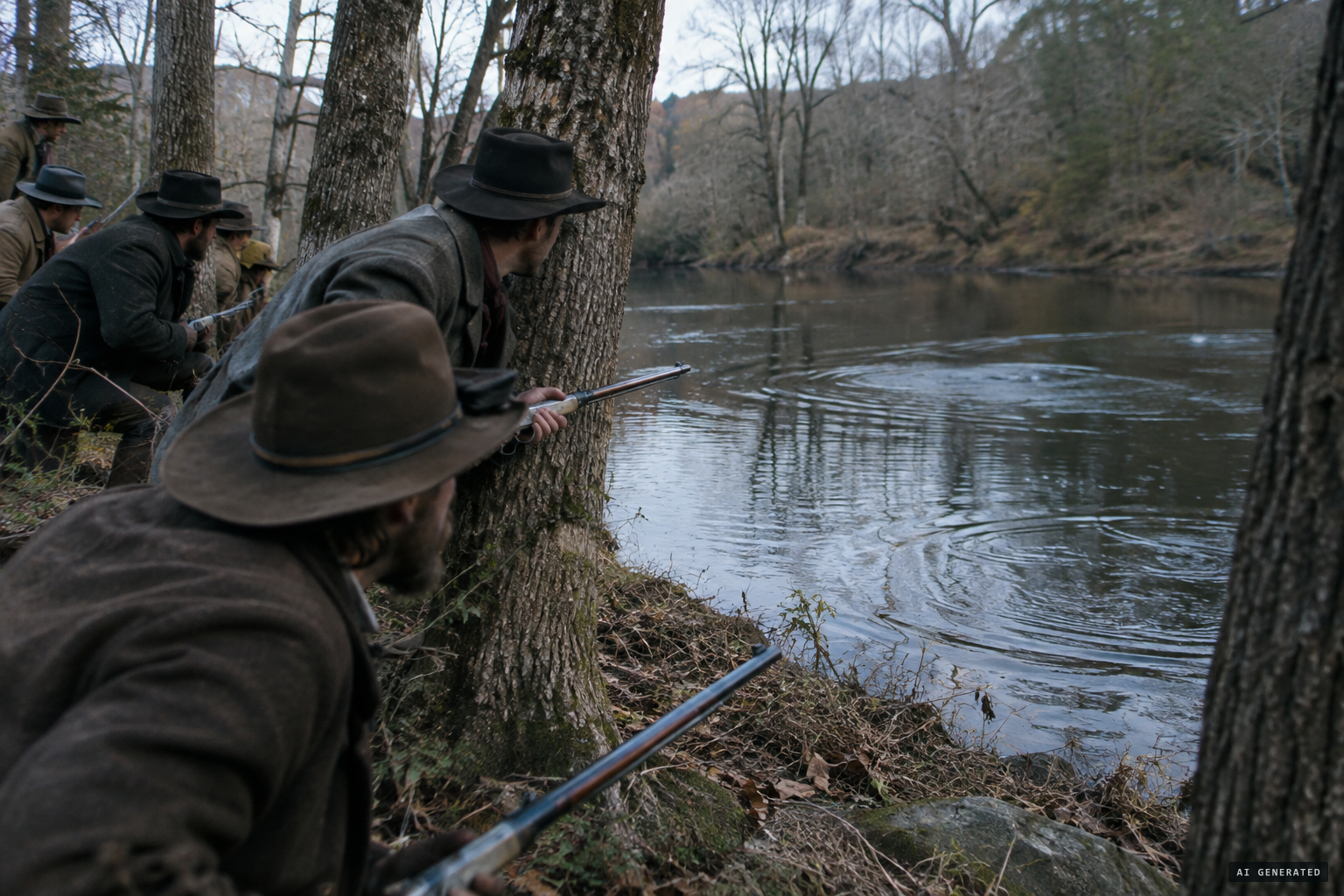 The posse waits by the water