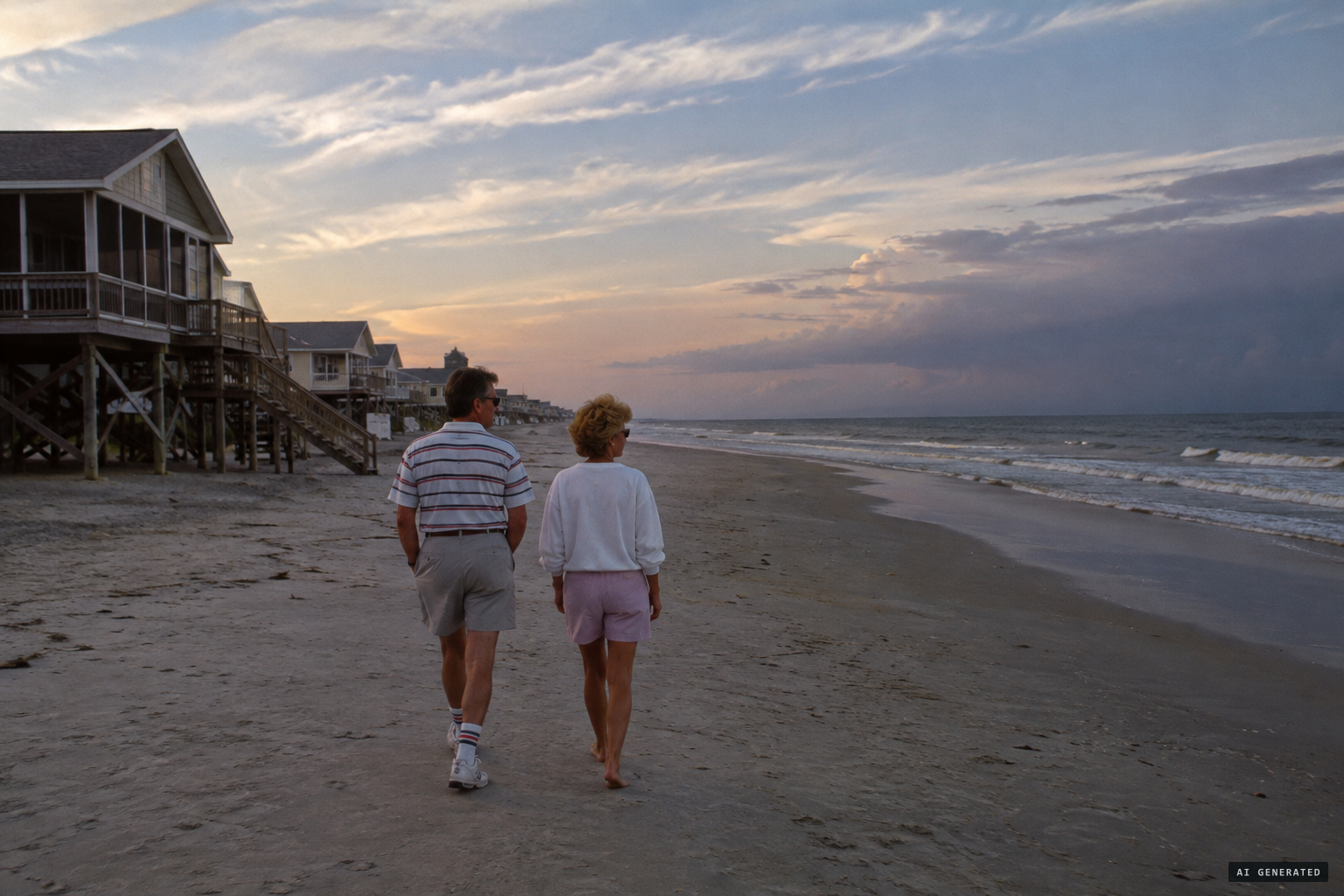 Jim and Clara Moore walk the beach as Hugo nears