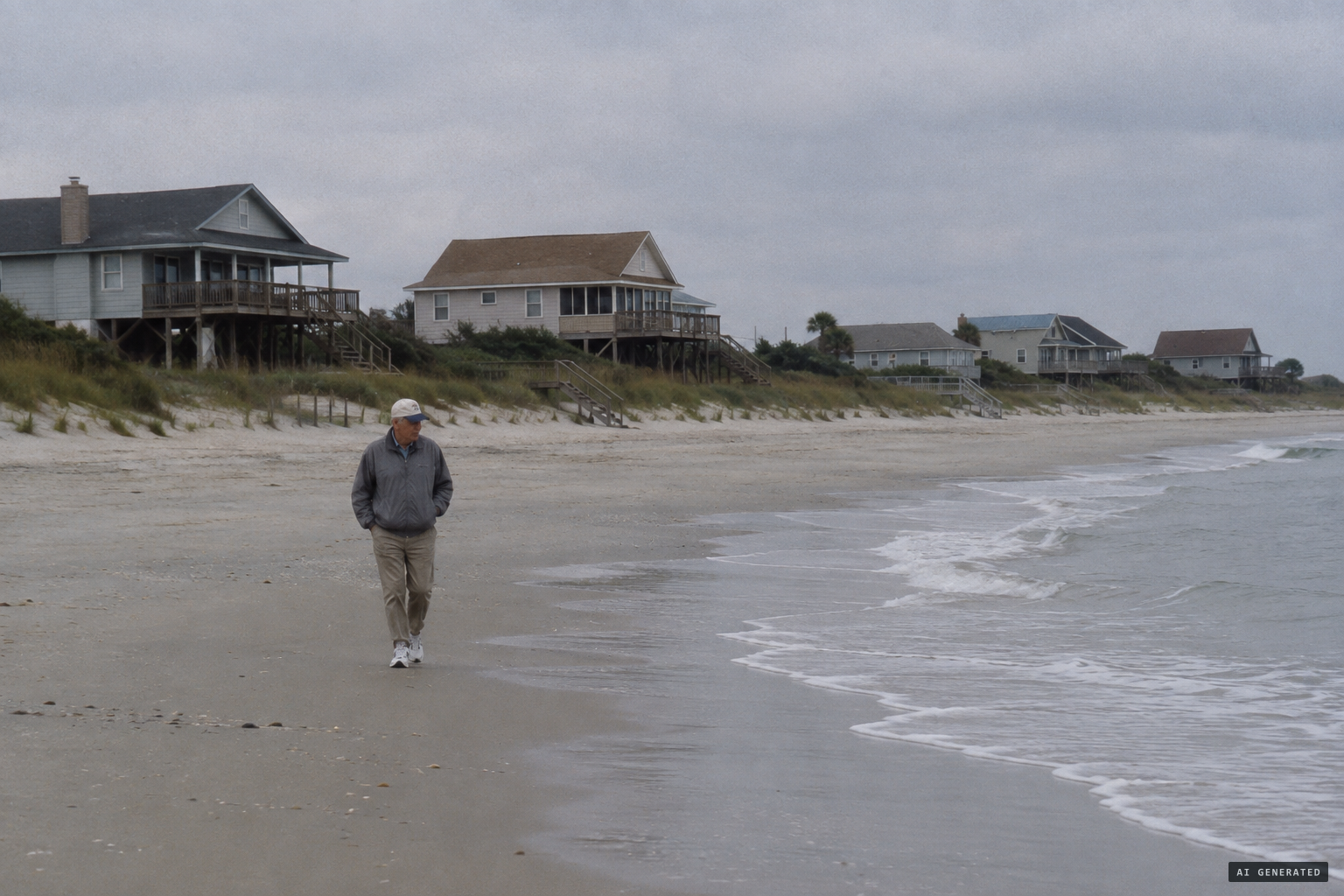 Real people in gray clothes walked that beach
