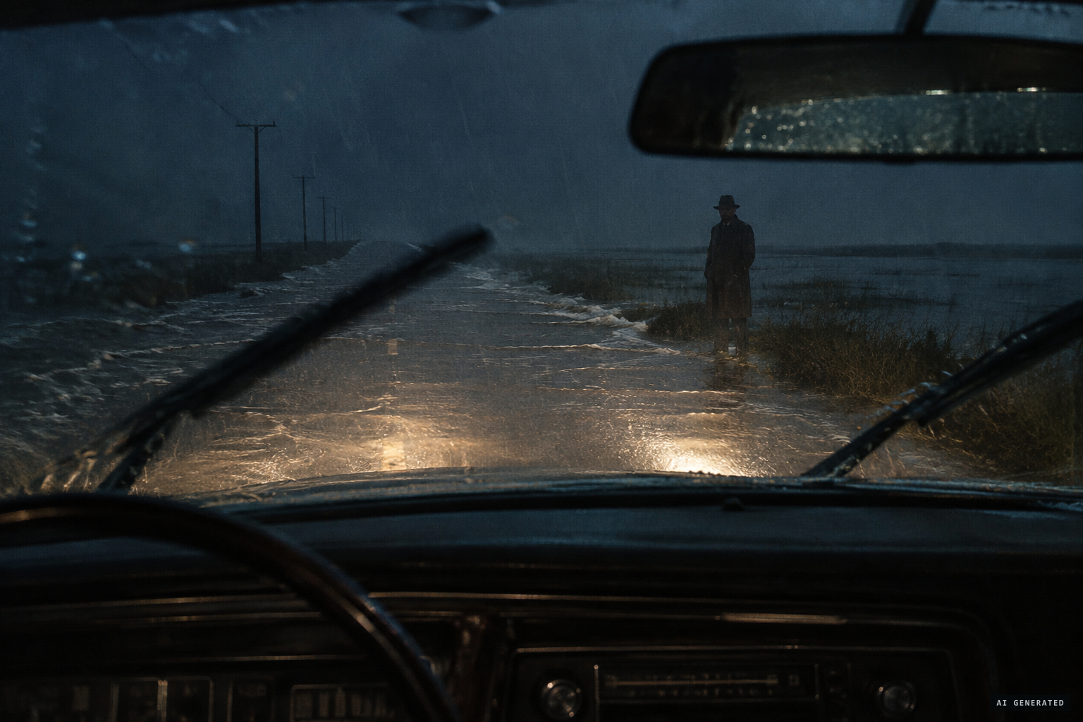 1975: a shadowy figure in hat and coat in the headlights before the road flooded