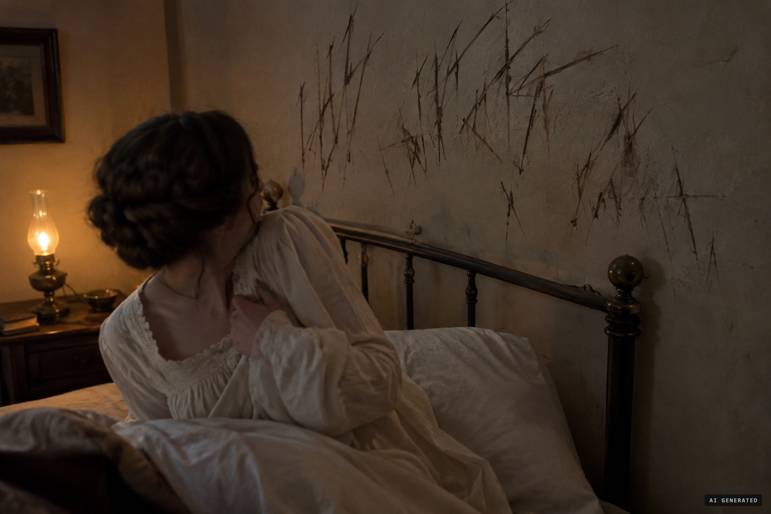 Writing appears on the wall near Esther's bed