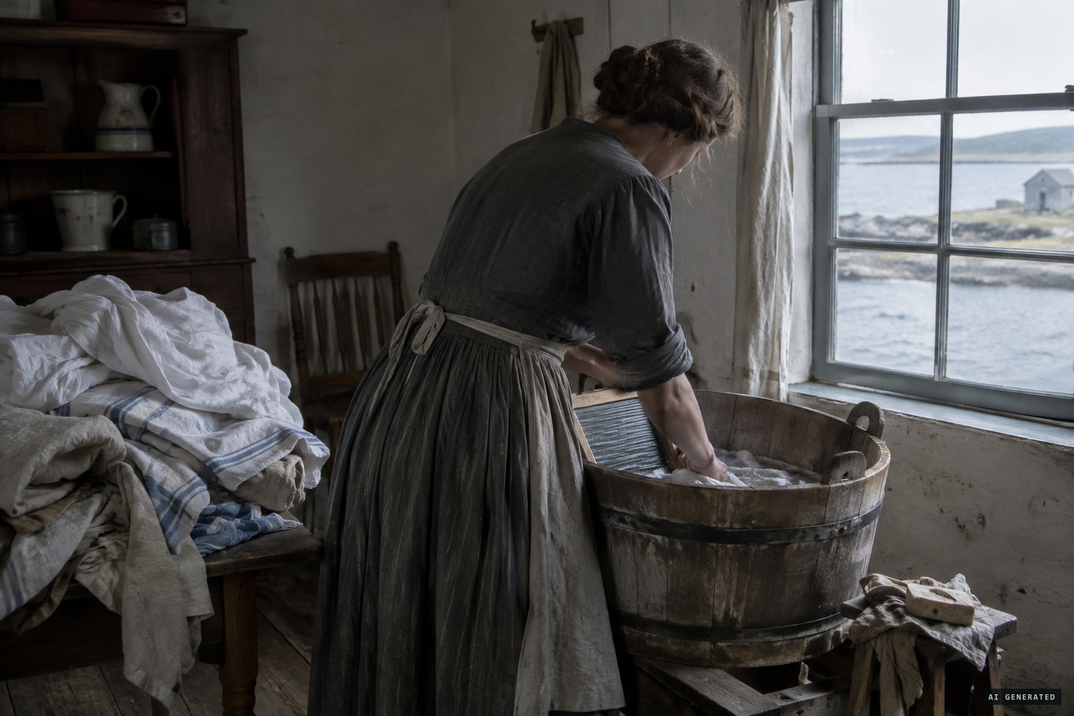 Esther lives in poverty, taking in laundry
