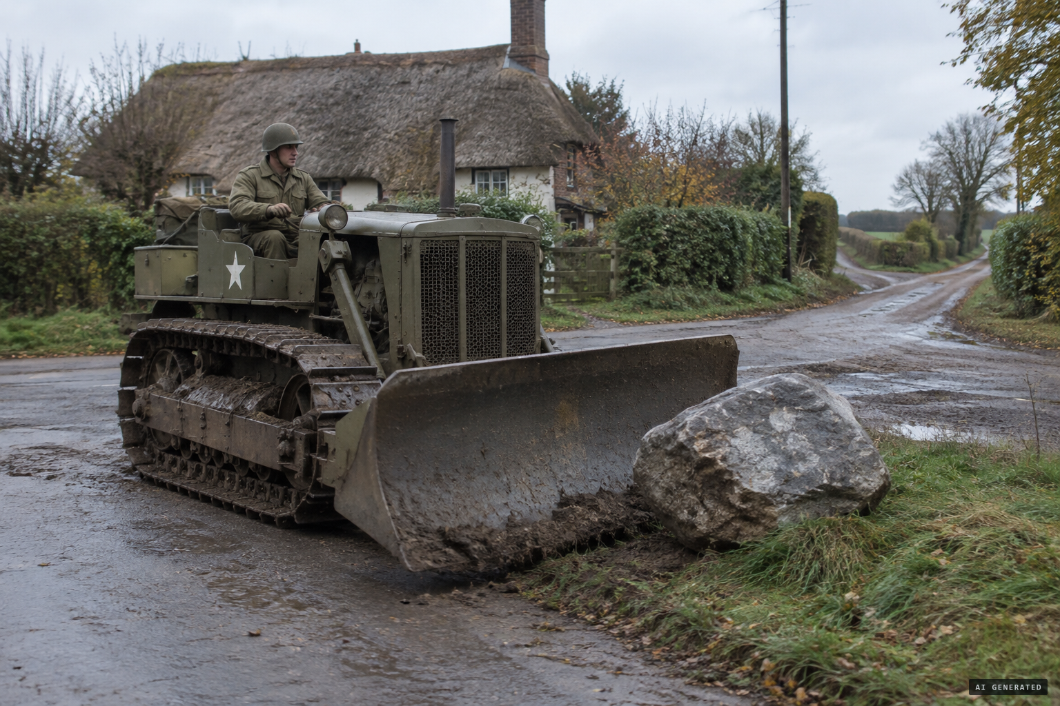 A GI's bulldozer pushes the witch's stone off its place at Scrapfaggot Green