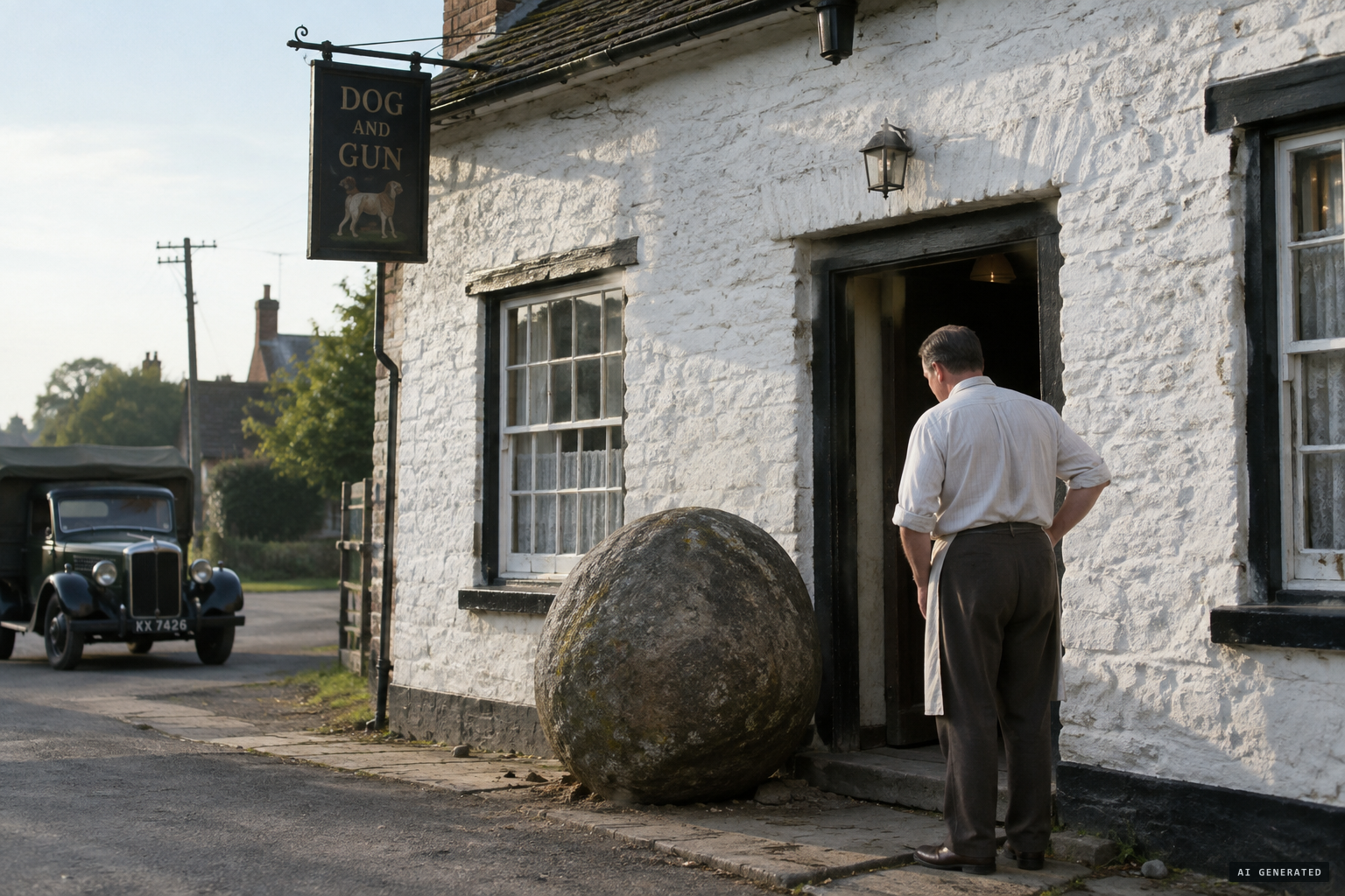 A boulder the size of a beer barrel outside the Dog and Gun's door