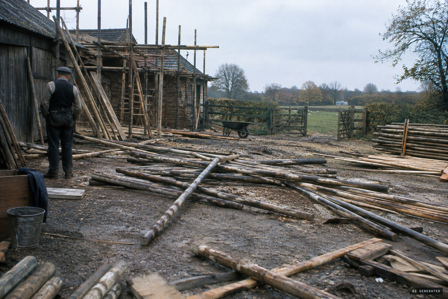 Scaffolding poles scattered like matchsticks and sheep out of their pens