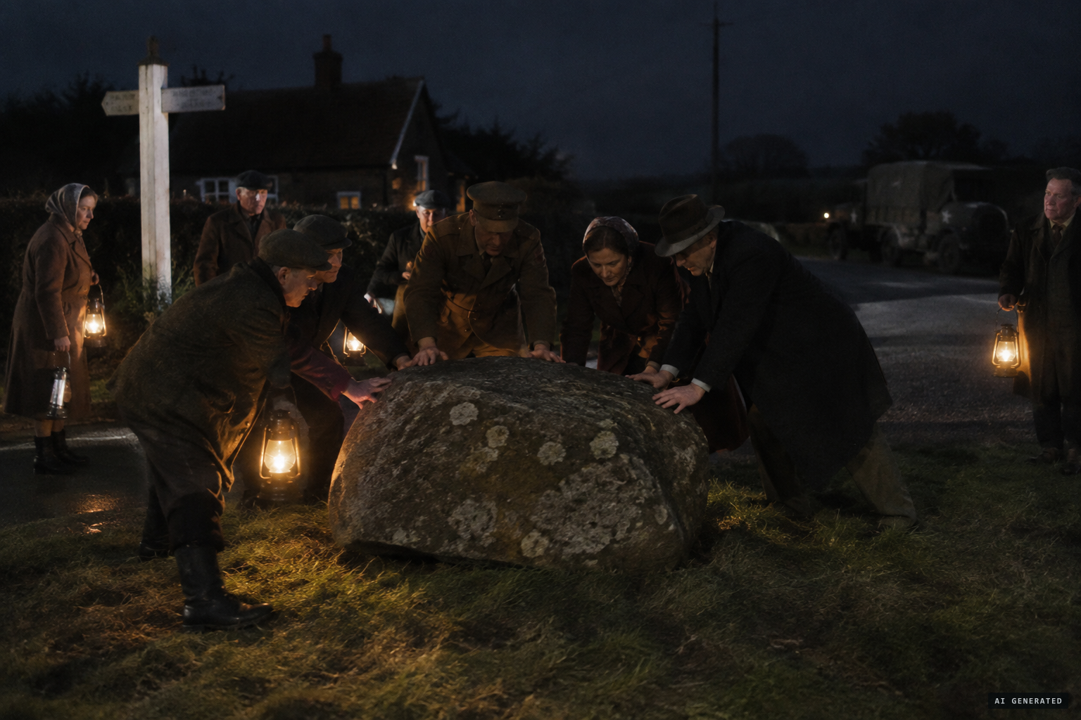 At midnight the villagers restore the witch's stone