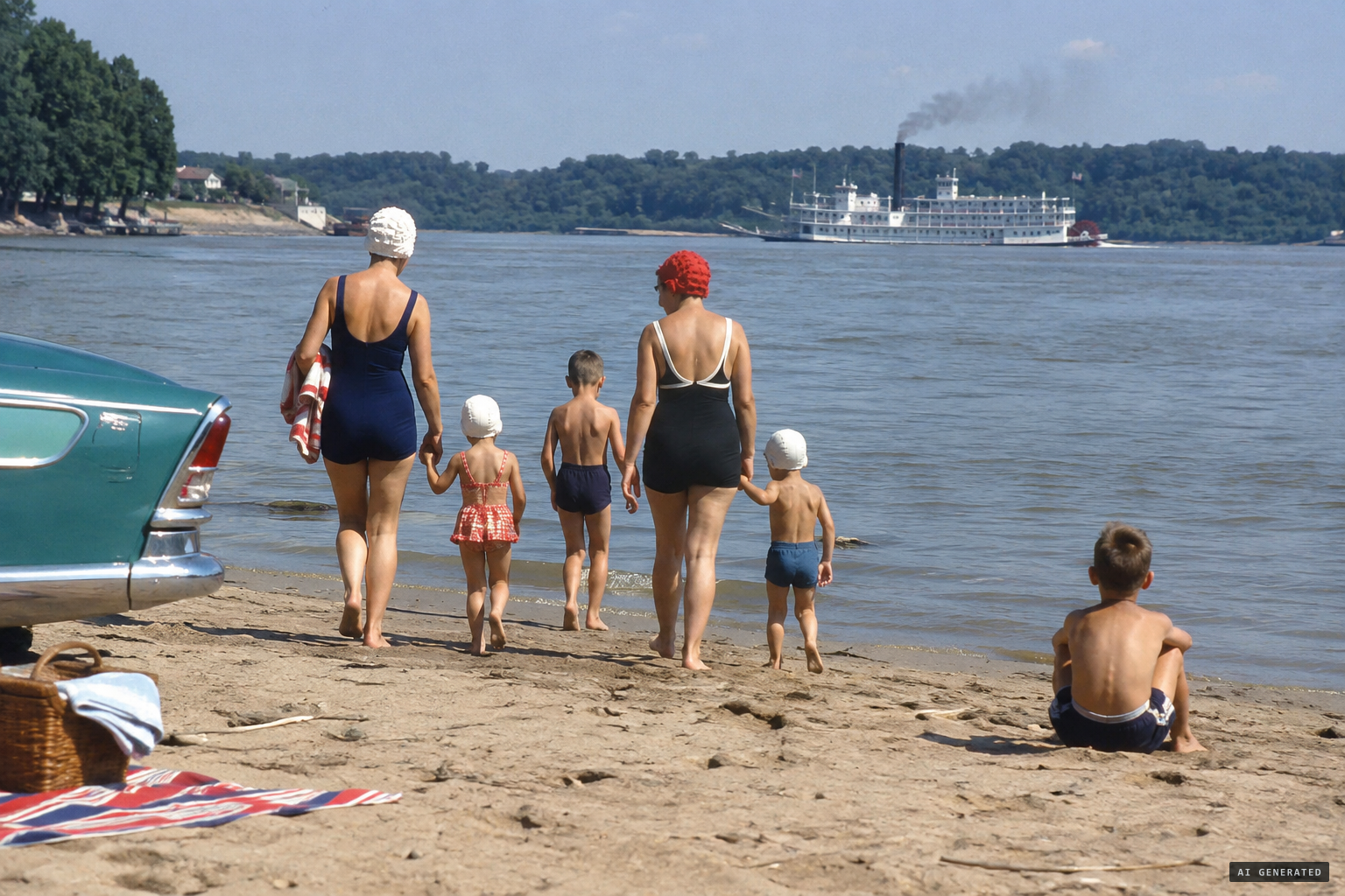 Mrs. Johnson, Mrs. Lamble and the children arrive at the river