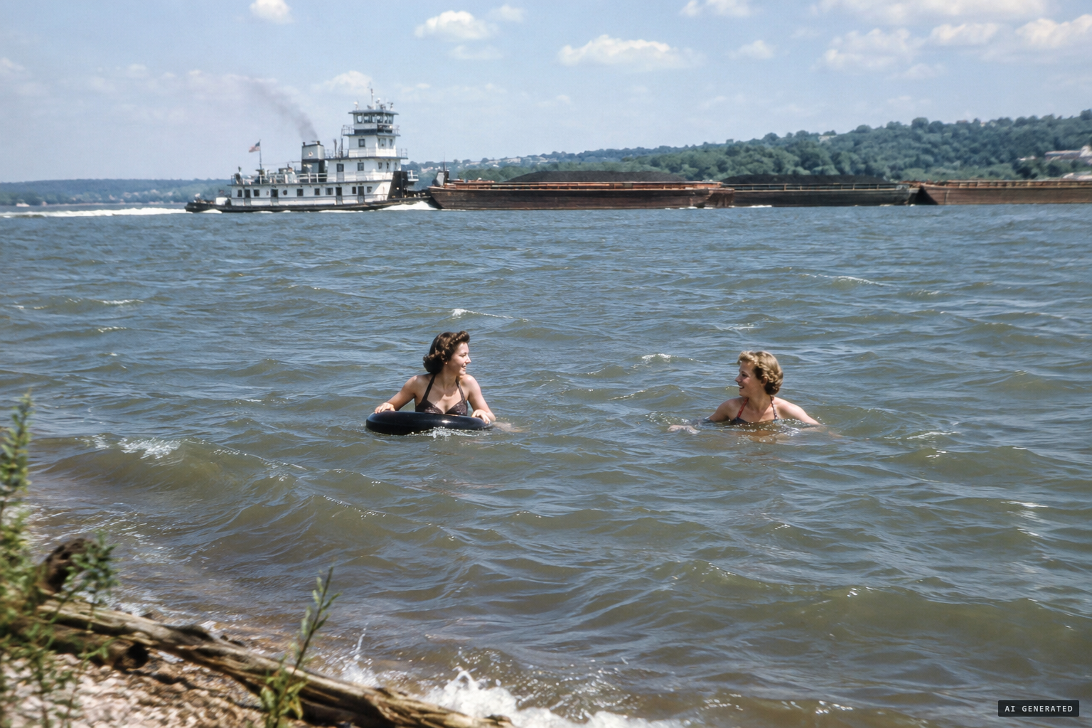 The women swim in the towboat's waves, Lamble holding the inner tube