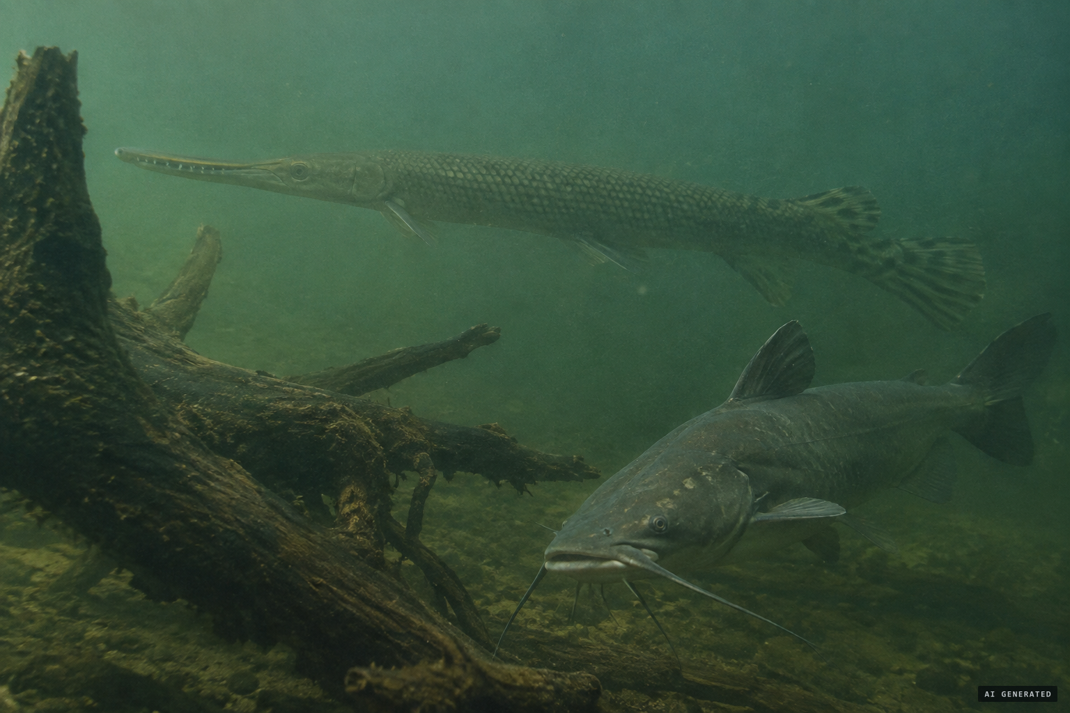 Suggested explanations: alligator gar, catfish, river debris