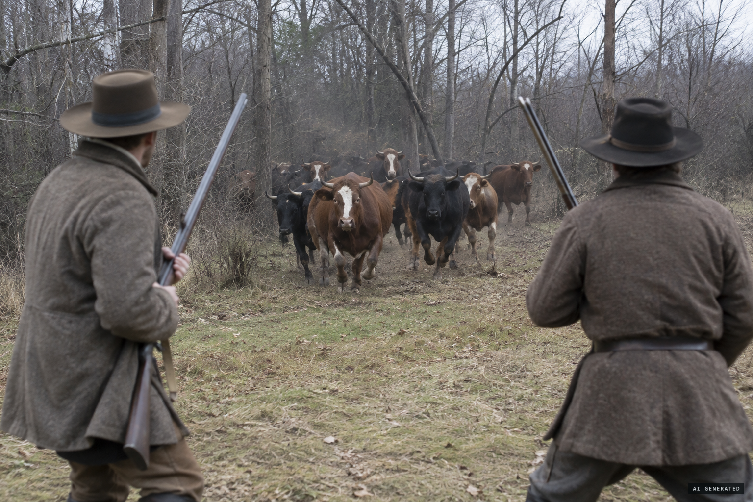 Hamilton and his companion halt as a drove of alarmed cattle runs toward them