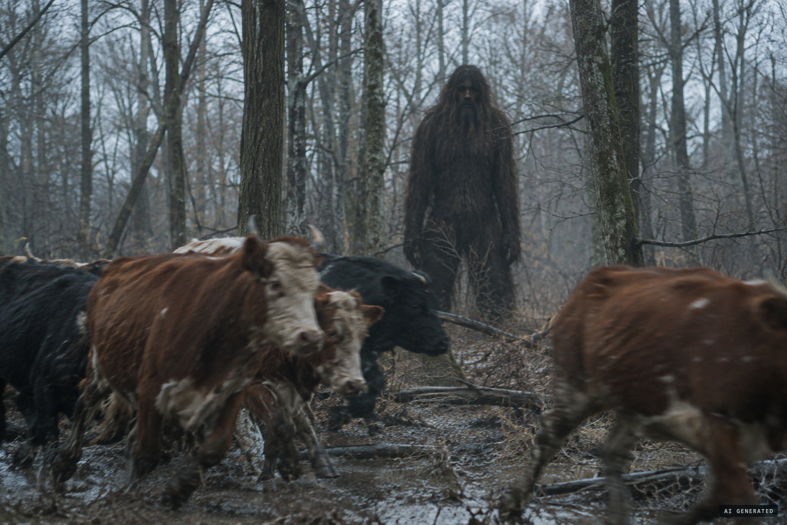 The hairy giant with the likeness of humanity looks at the hunters