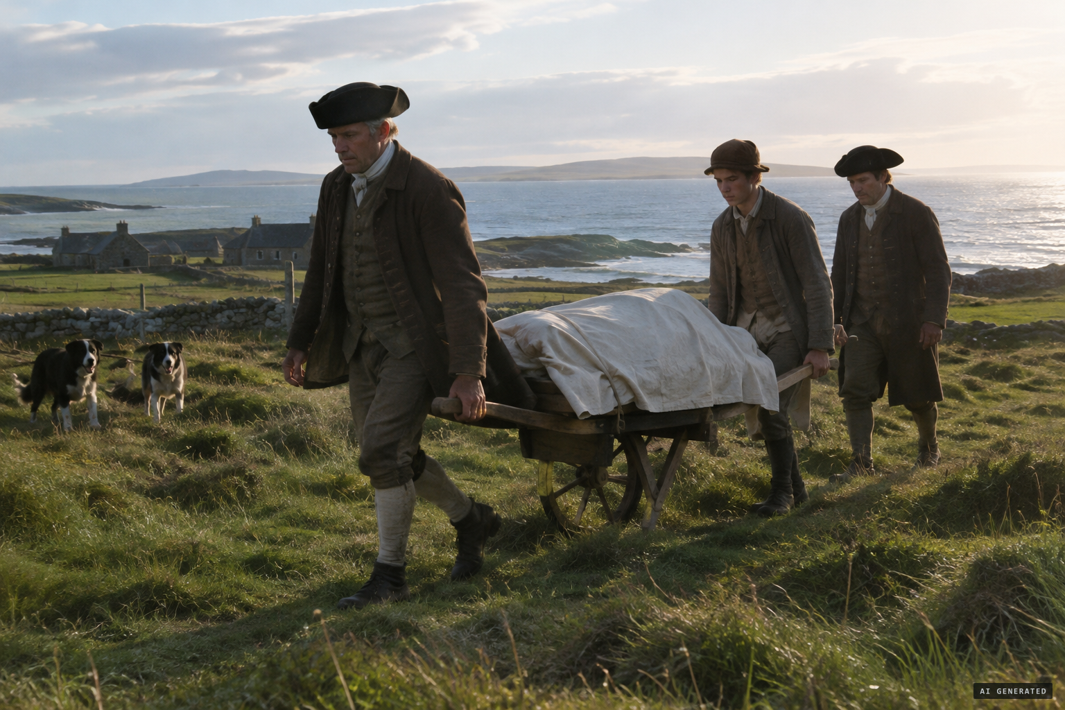 MacNiven and his servants carry the body off on a handbarrow