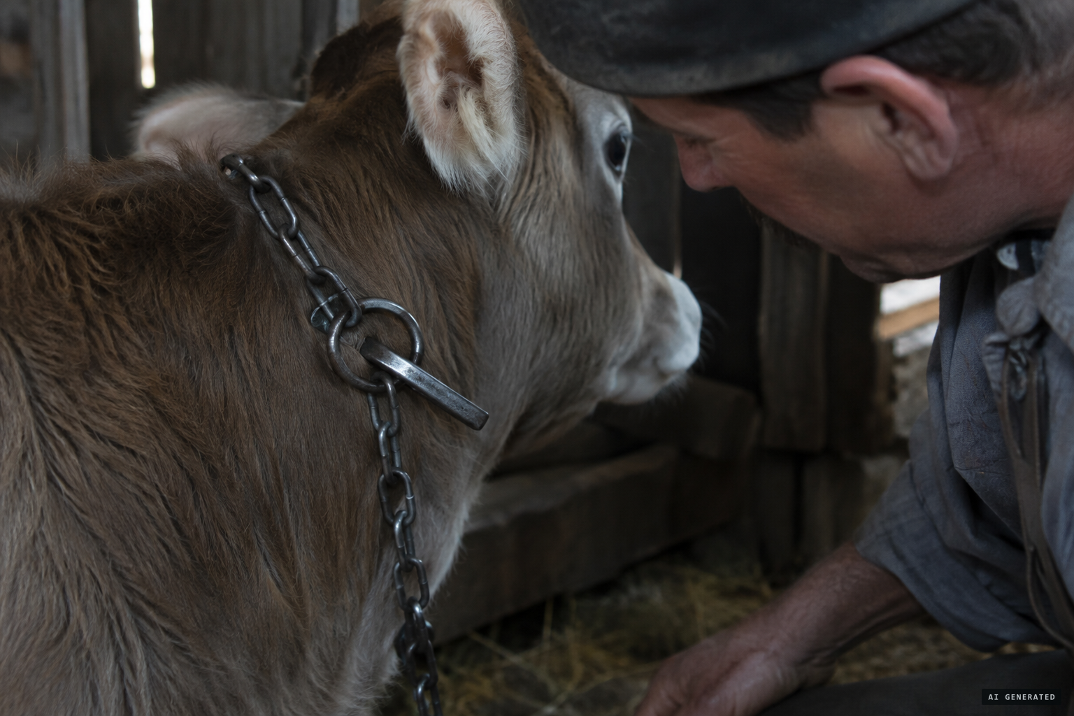 A witness watches the calf's chain crossbar slip halfway through the ring