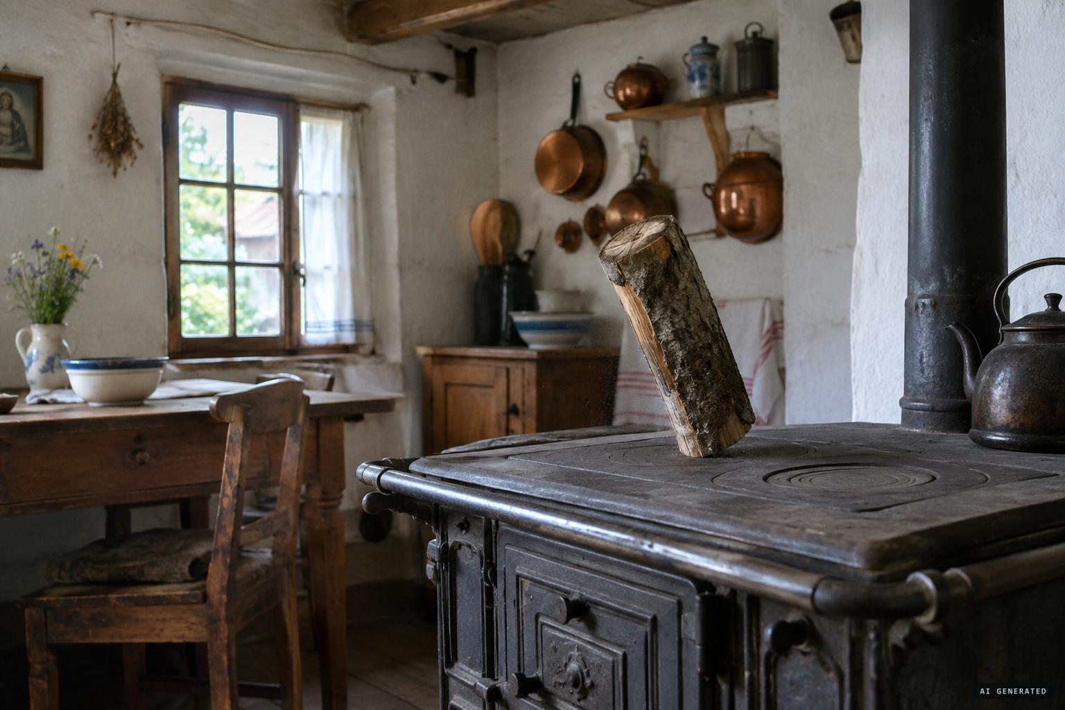 A log dances on the kitchen stove