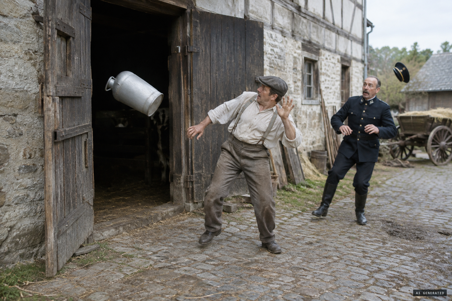 A milk jug flies at a witness and an official's hat is knocked off by no one