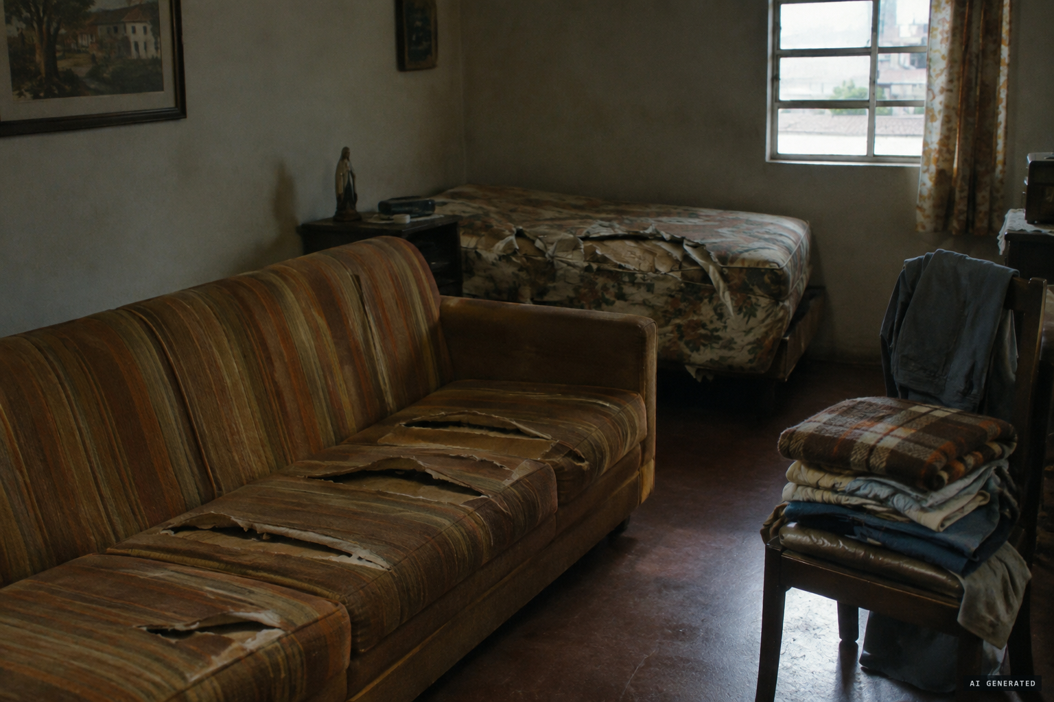 Sofa cushions and mattresses slashed as if by a machete