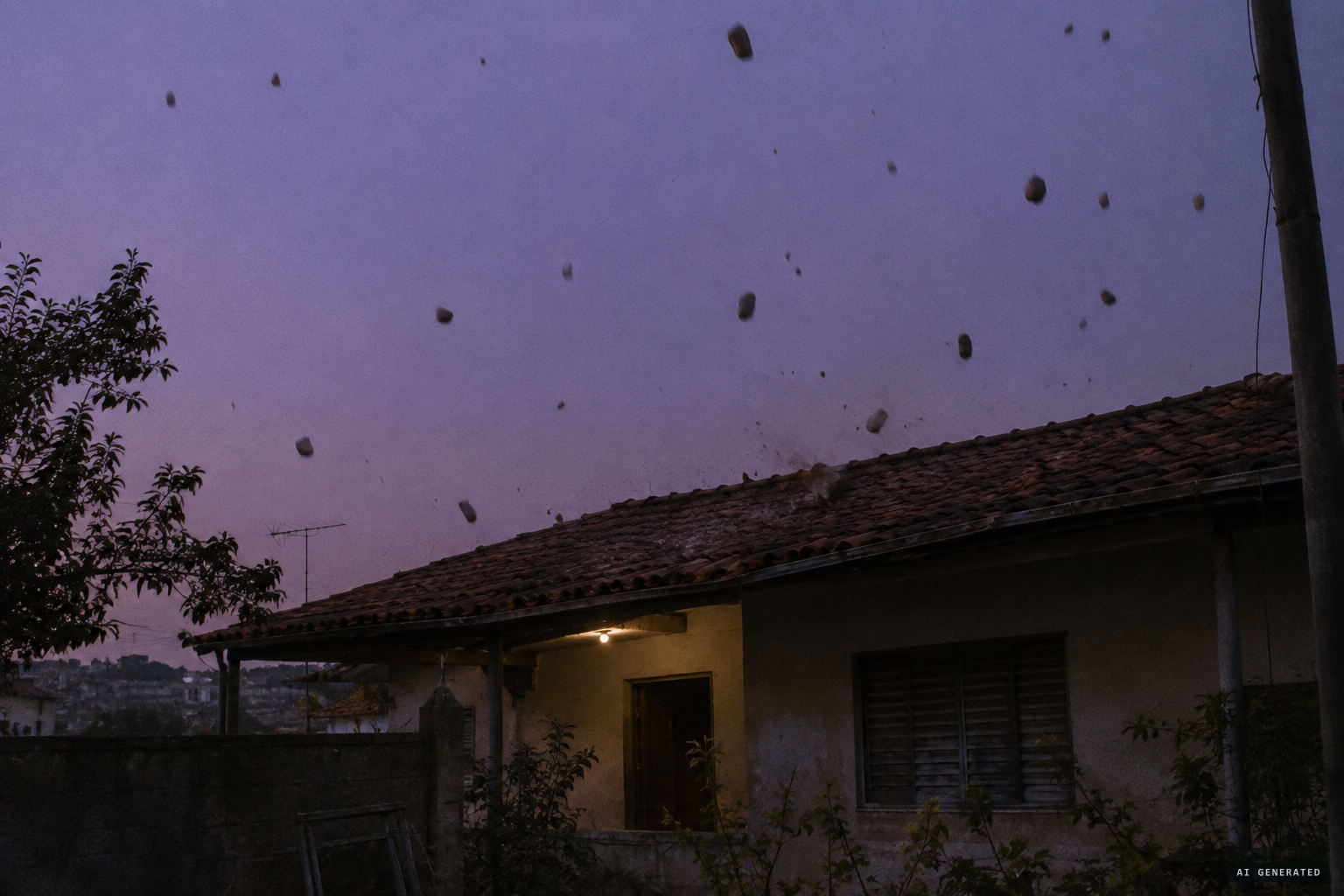 Stones hail onto the roof at dusk