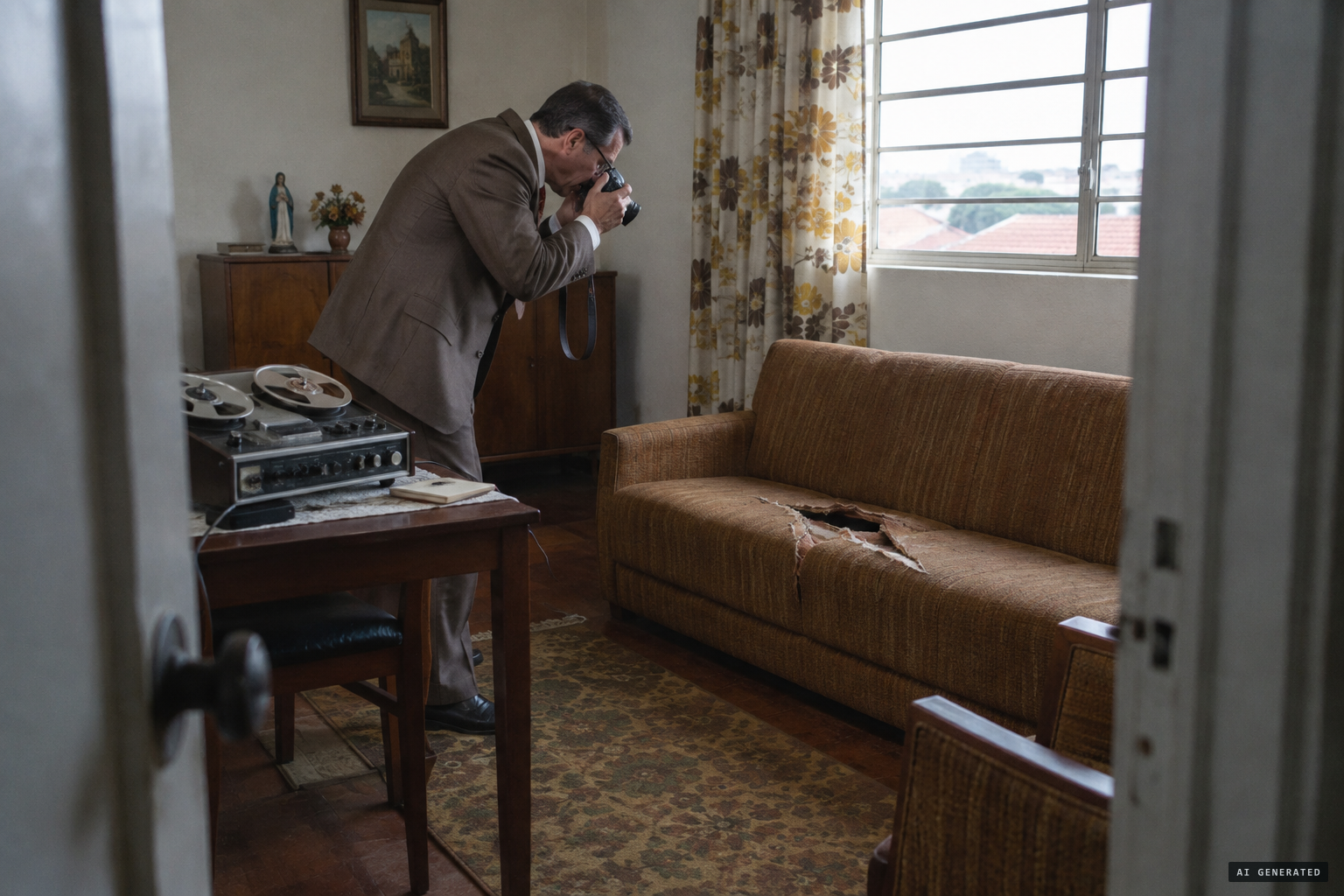 Hernani Guimarães Andrade photographs the slashed furniture and tapes testimony