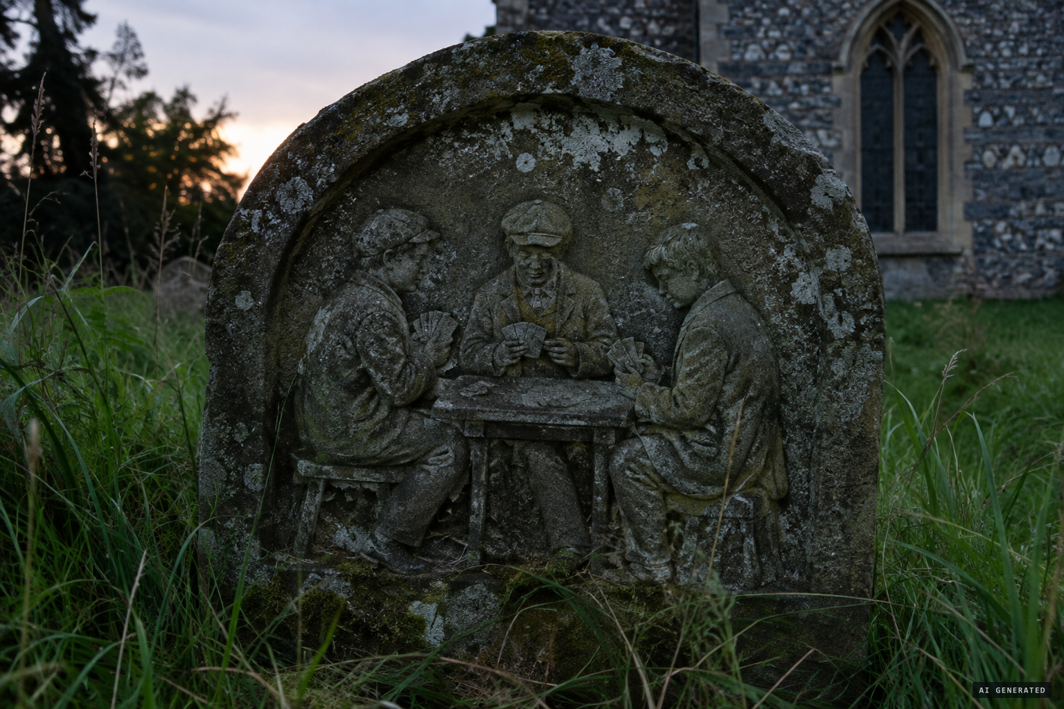The grave whose stone showed three boys playing at cards