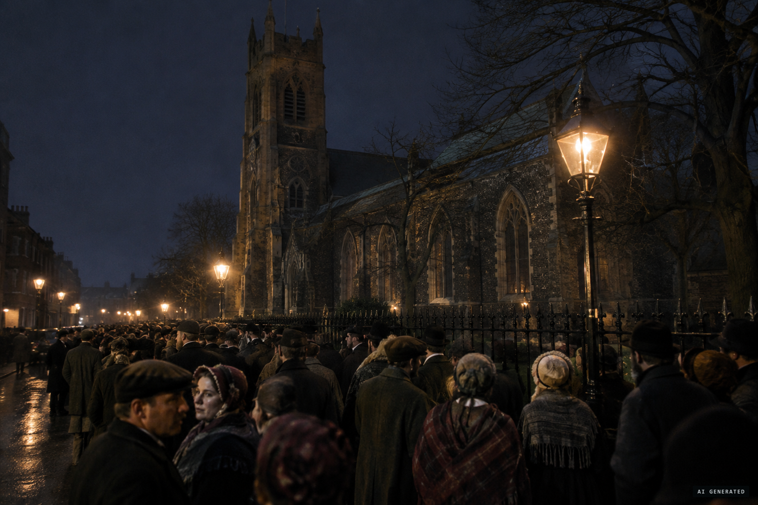 Fully 1000 men and women gather behind the church