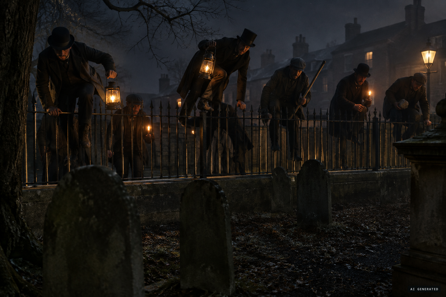 Armed with lanterns, sticks and stones, the crowd climbs the railings