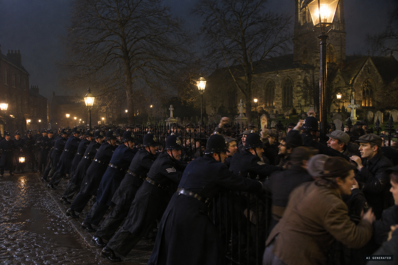 About forty constables struggle with the mob the next night