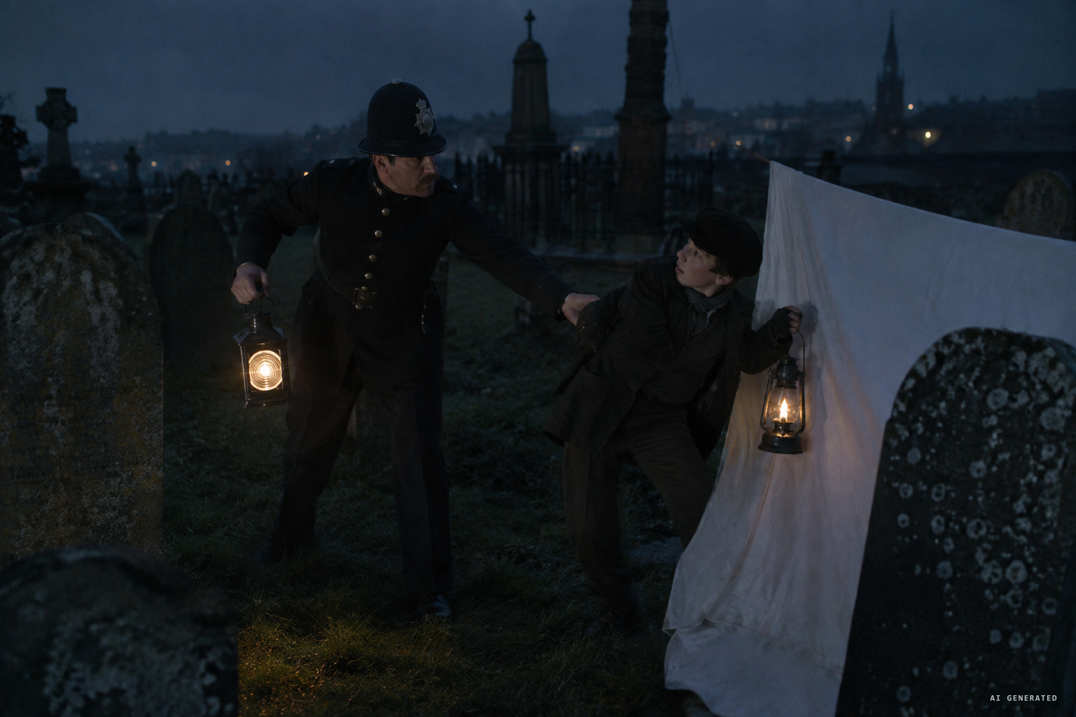 At Paisley, police catch a boy with a lamp behind a white sheet
