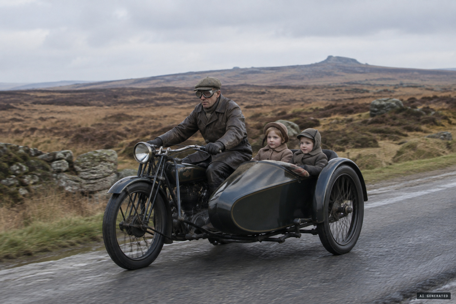 Dr Helby rides from Princetown with two children in the sidecar