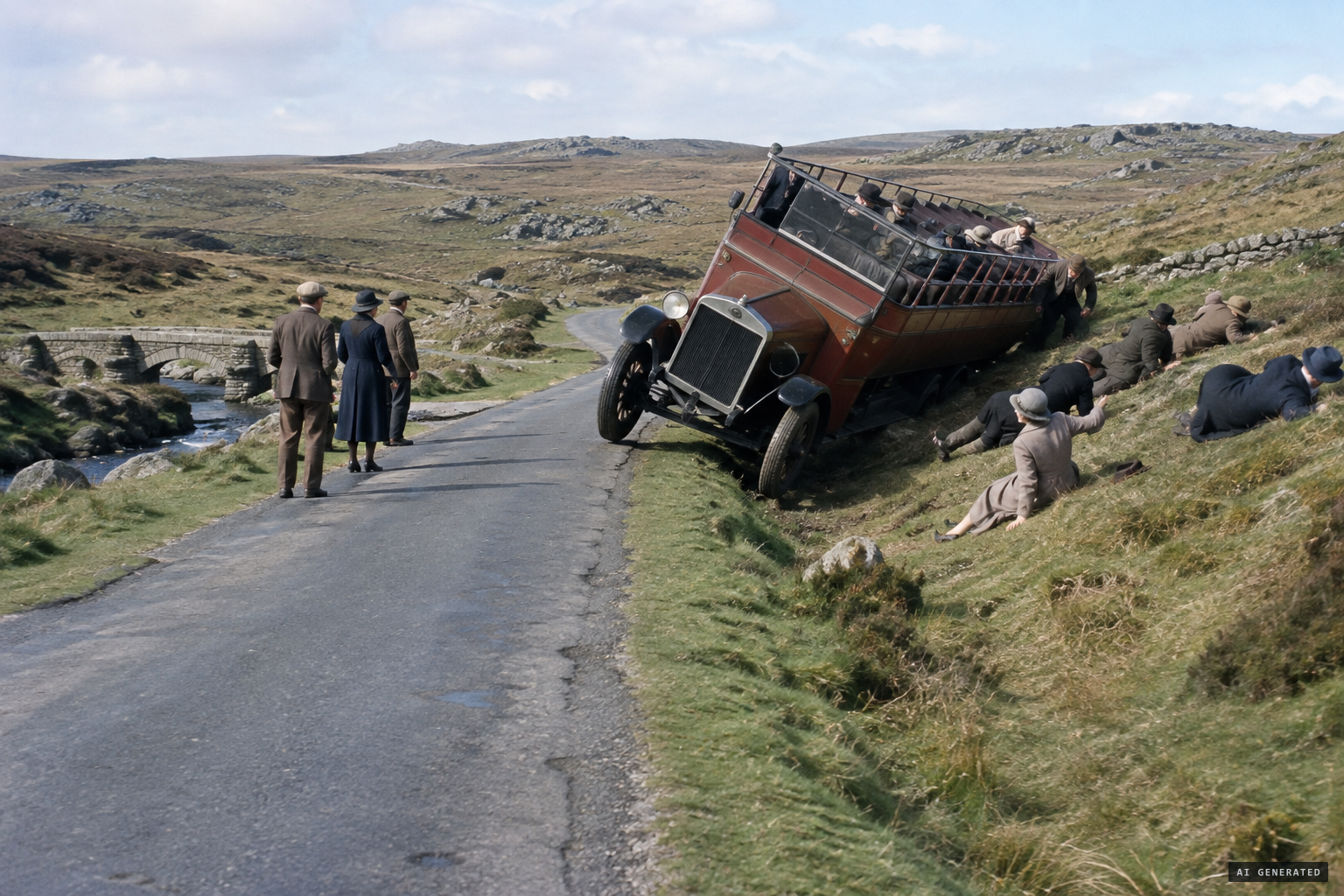 The motor-coach mounts the grassy slope and passengers are thrown out