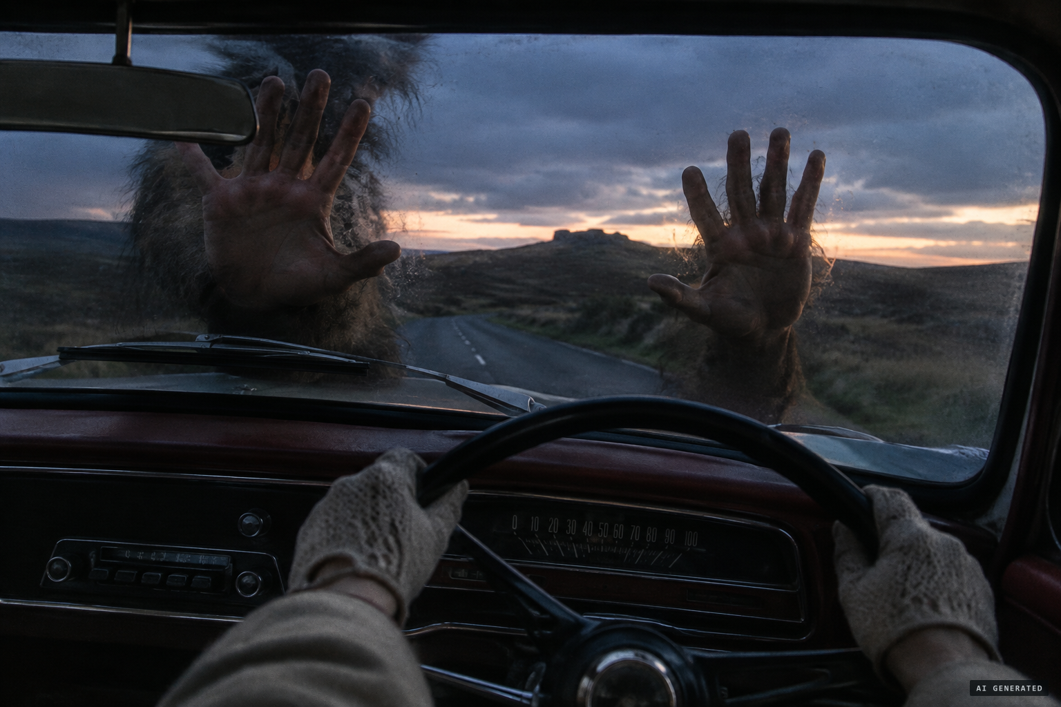 Florence Warwick sees huge hairy hands pressed against the windscreen