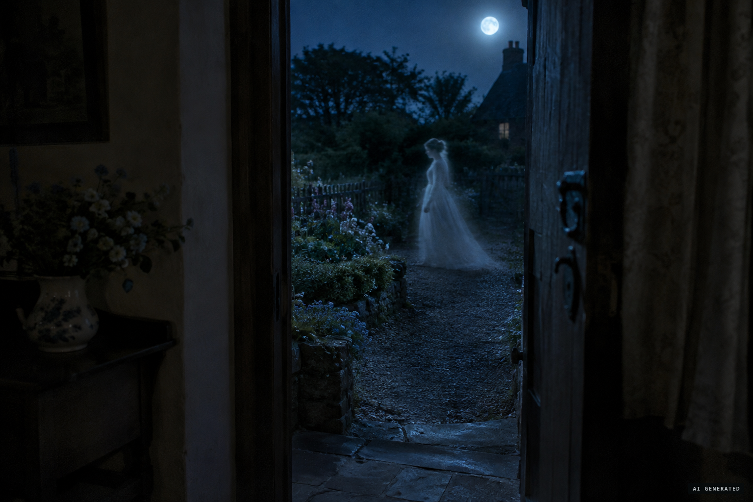 "Kitty" glides about the premises in ghostly attire