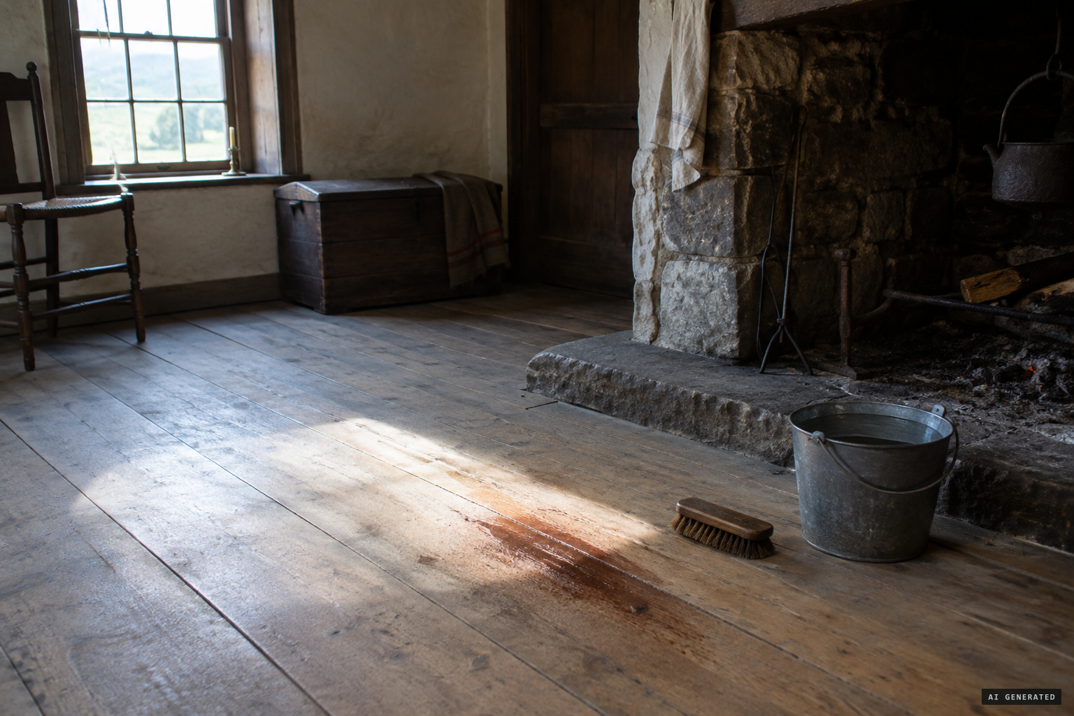 Old stains on the floor near the hearth