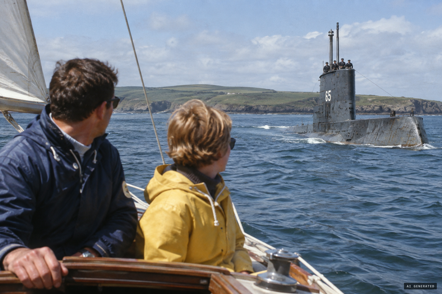 Fifty years later, the yacht Grey Seal's crew see a submarine marked 65 surface
