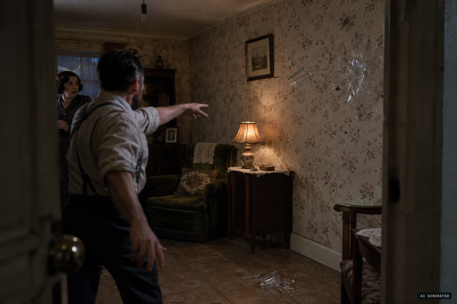 Around midnight, a glass flies past and splinters against the wall