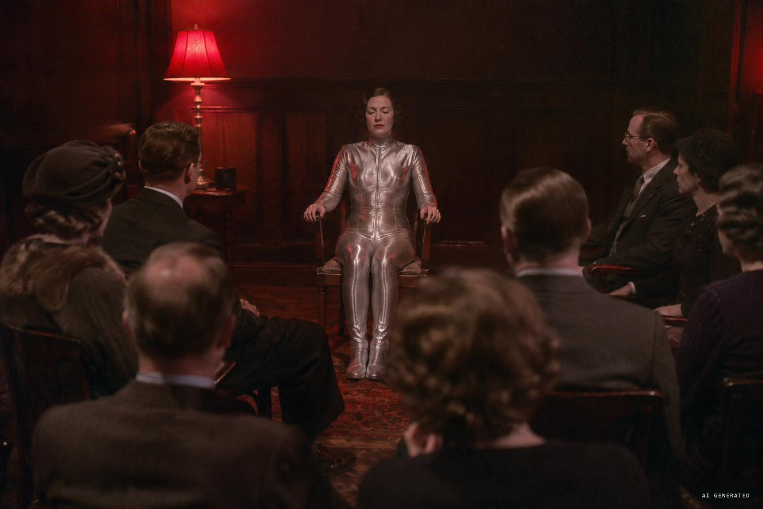 Alma, sewn into a silver garment, sits before observers in South Kensington