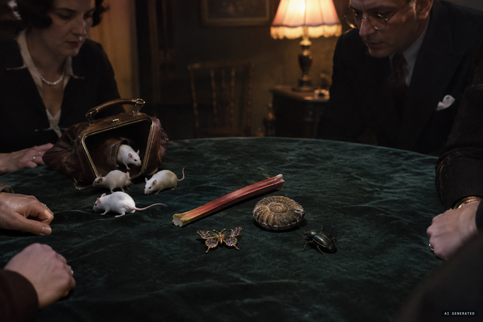 The apports: a brooch, rhubarb, an ammonite, a beetle and white mice