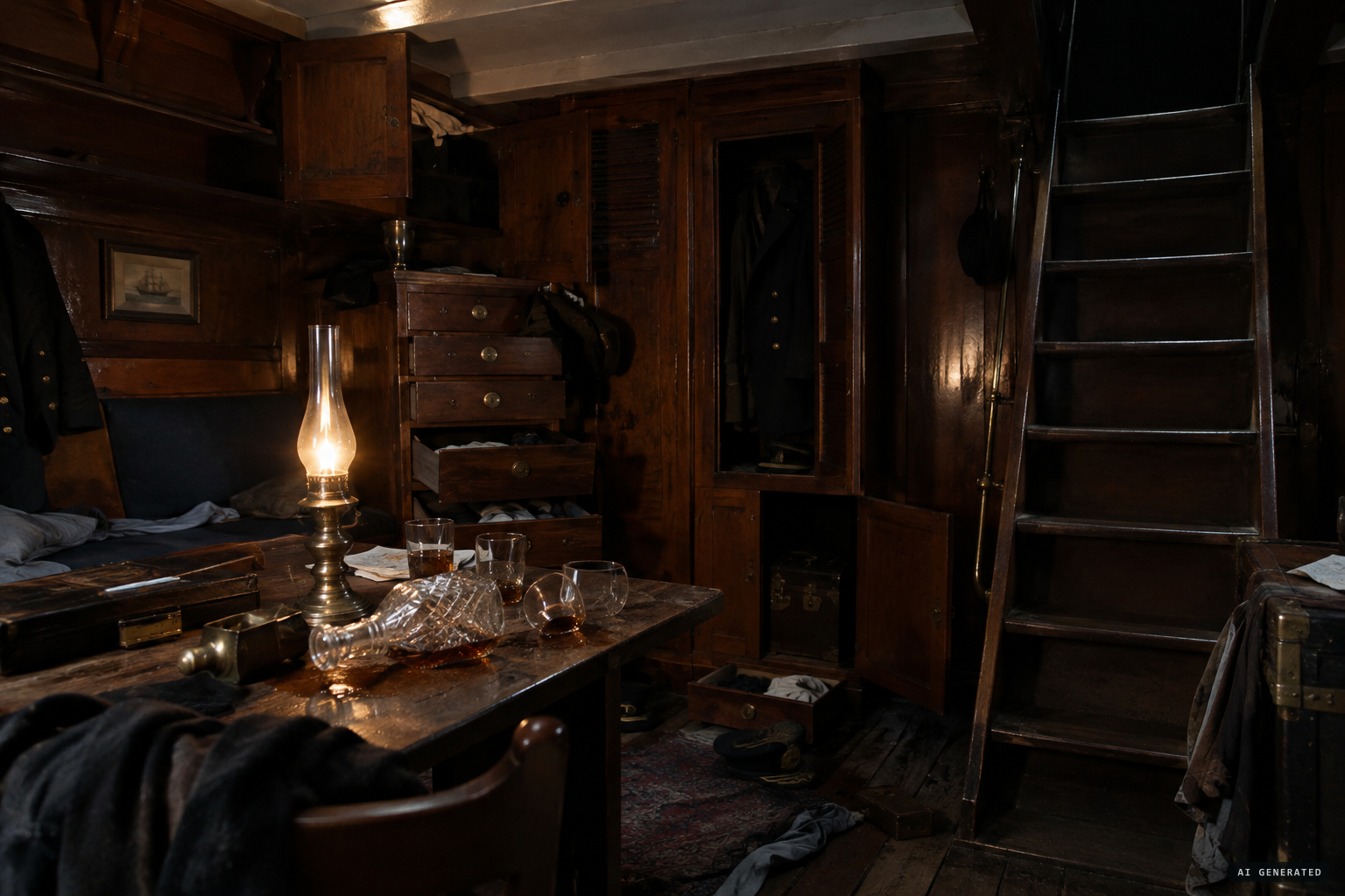 Drawers open and decanters move in the empty after cabin