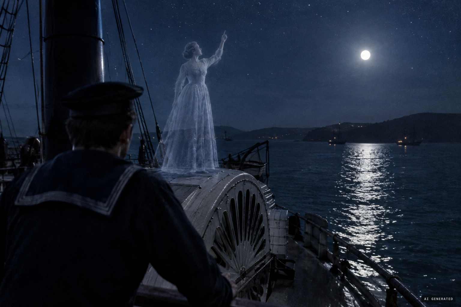 The look-out sees a transparent lady on the paddle-box pointing to Heaven