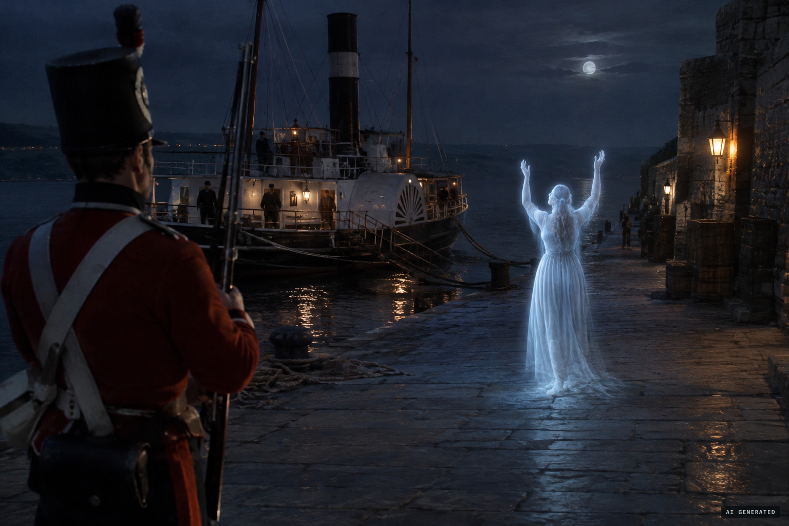 The figure leaves the paddle-box and walks toward the sentry