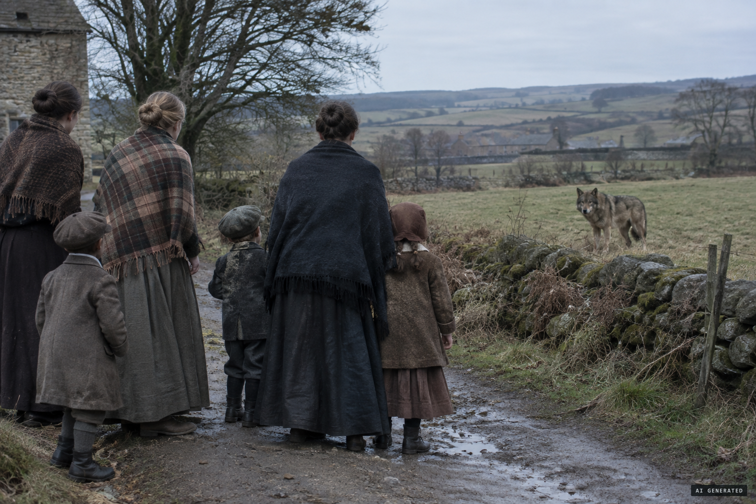 A group of women and children come across the wolf